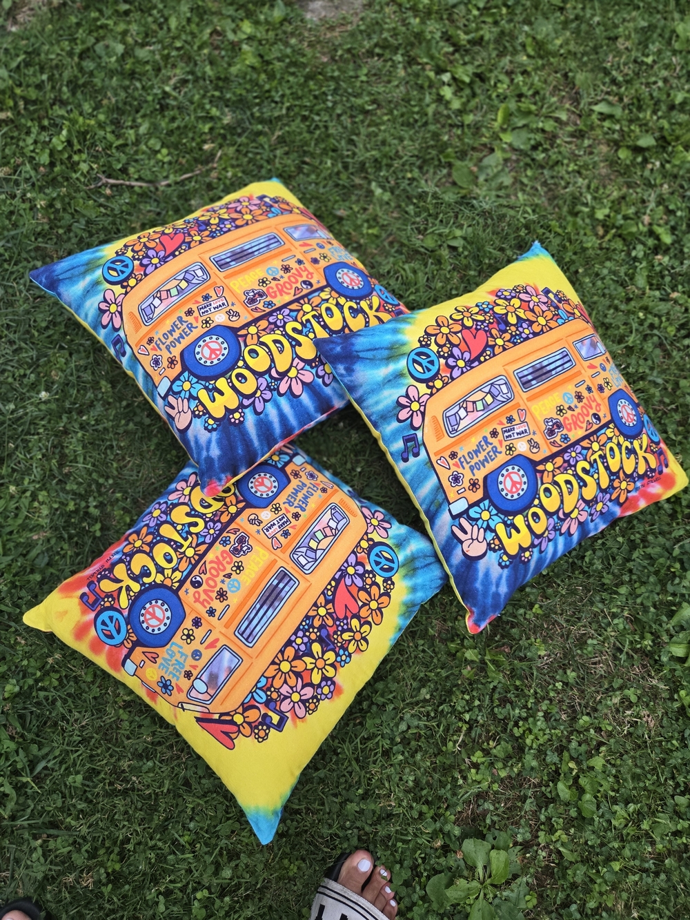 Woodstock Tie-Dye Floral Bus Decorative Pillow - Yellow/Blue